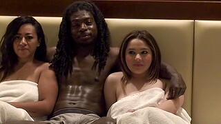Hardcore interracial FFM threesome with hot chicks sucking a big cock